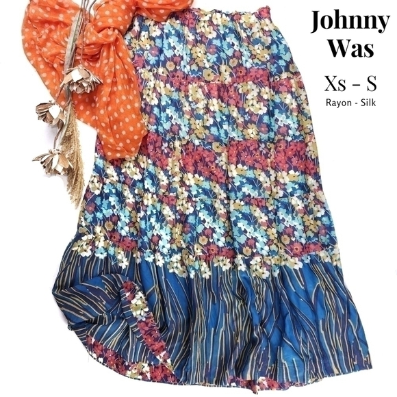 COPY - Johnny Was Blue Pink Boho Maxi Rayon Silk Floral Skirt Sz Xs - Picture 1 of 13
